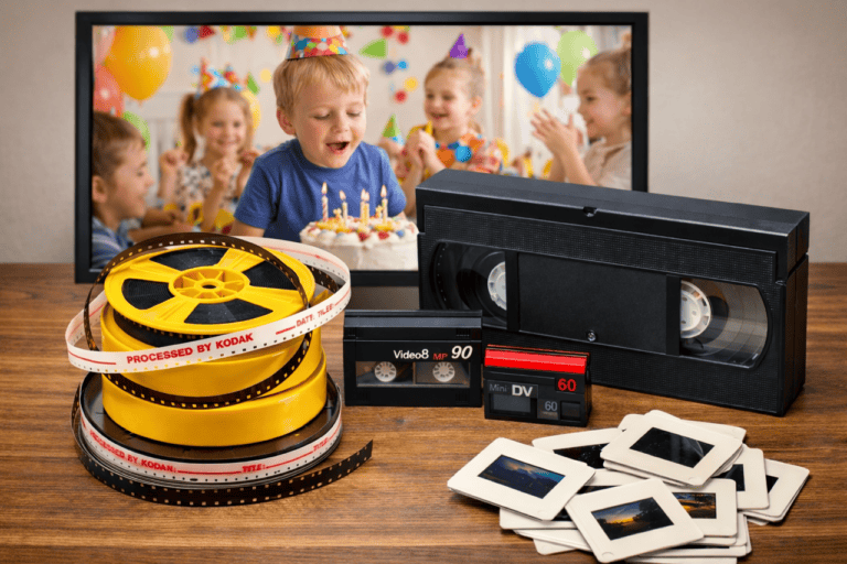 Barn som feirer bursdag med film og bilder.